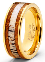 Tungsten Carbide Mens Wedding Band Whiskey Barrel Deer Antler Engagement Ring Goldtone