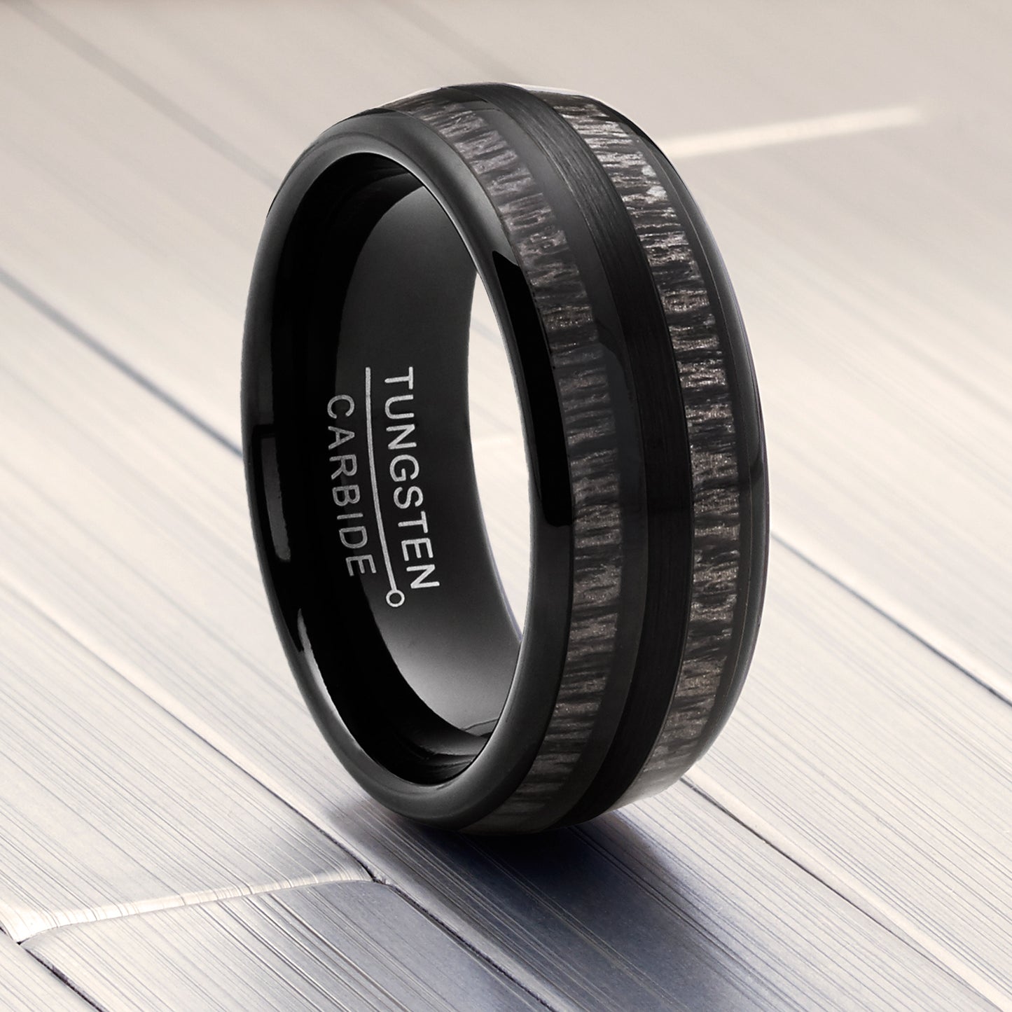 Men Tungsten Carbide Ring Dome Real Black Wood Inlay Wedding Band 8MMMM