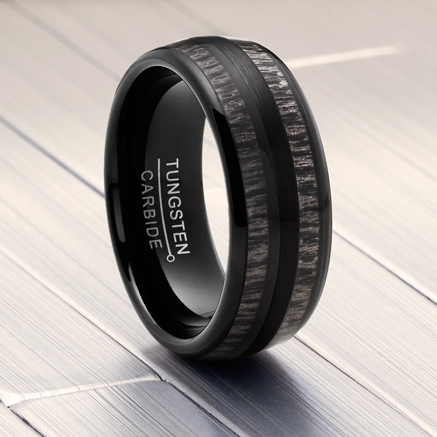 Men Tungsten Carbide Ring Dome Real Black Wood Inlay Wedding Band 8MMMM