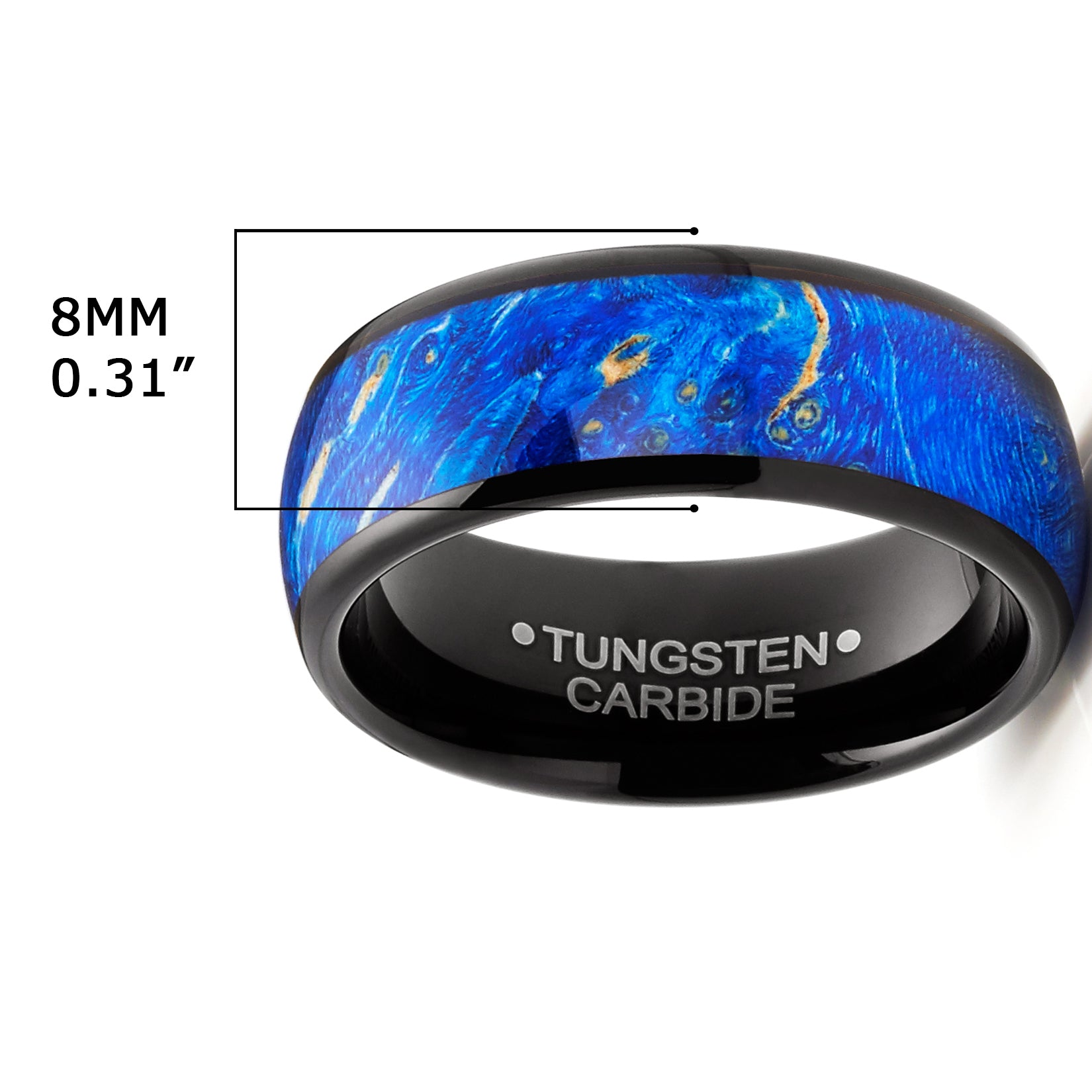 Men's Black Tungsten Ring Wedding Band Blue Wood Burl 8MM Comfort-Fit