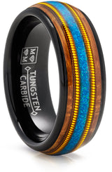Men's Black Tungsten Ring Wedding Band Whiskey Barrel Crushed Opal Gold Guitar String Inlaid 8MM Comfort-Fit