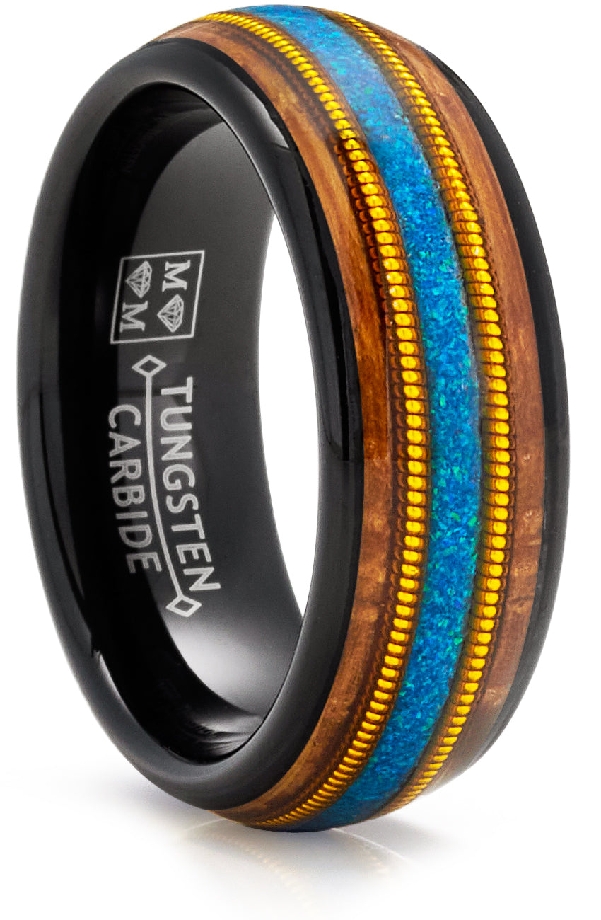 Men's Black Tungsten Ring Wedding Band Whiskey Barrel Crushed Opal Gold Guitar String Inlaid 8MM Comfort-Fit