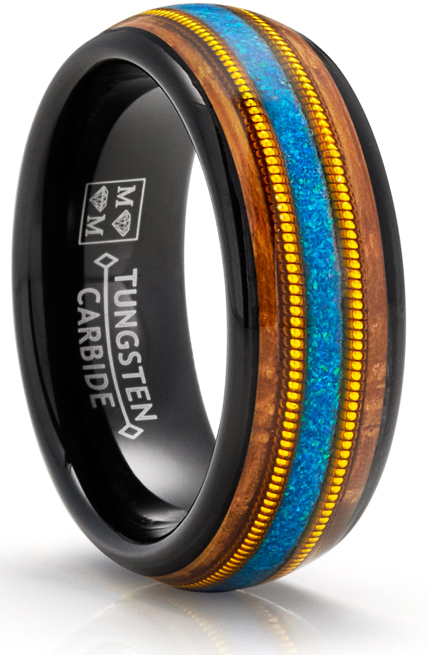 Men's Black Tungsten Ring Wedding Band Whiskey Barrel Crushed Opal Gold Guitar String Inlaid 8MM Comfort-Fit