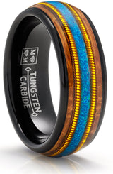 Men's Black Tungsten Ring Wedding Band Whiskey Barrel Crushed Opal Gold Guitar String Inlaid 8MM Comfort-Fit