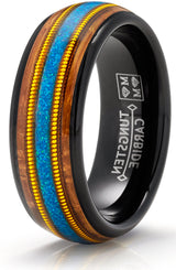 Men's Black Tungsten Ring Wedding Band Whiskey Barrel Crushed Opal Gold Guitar String Inlaid 8MM Comfort-Fit
