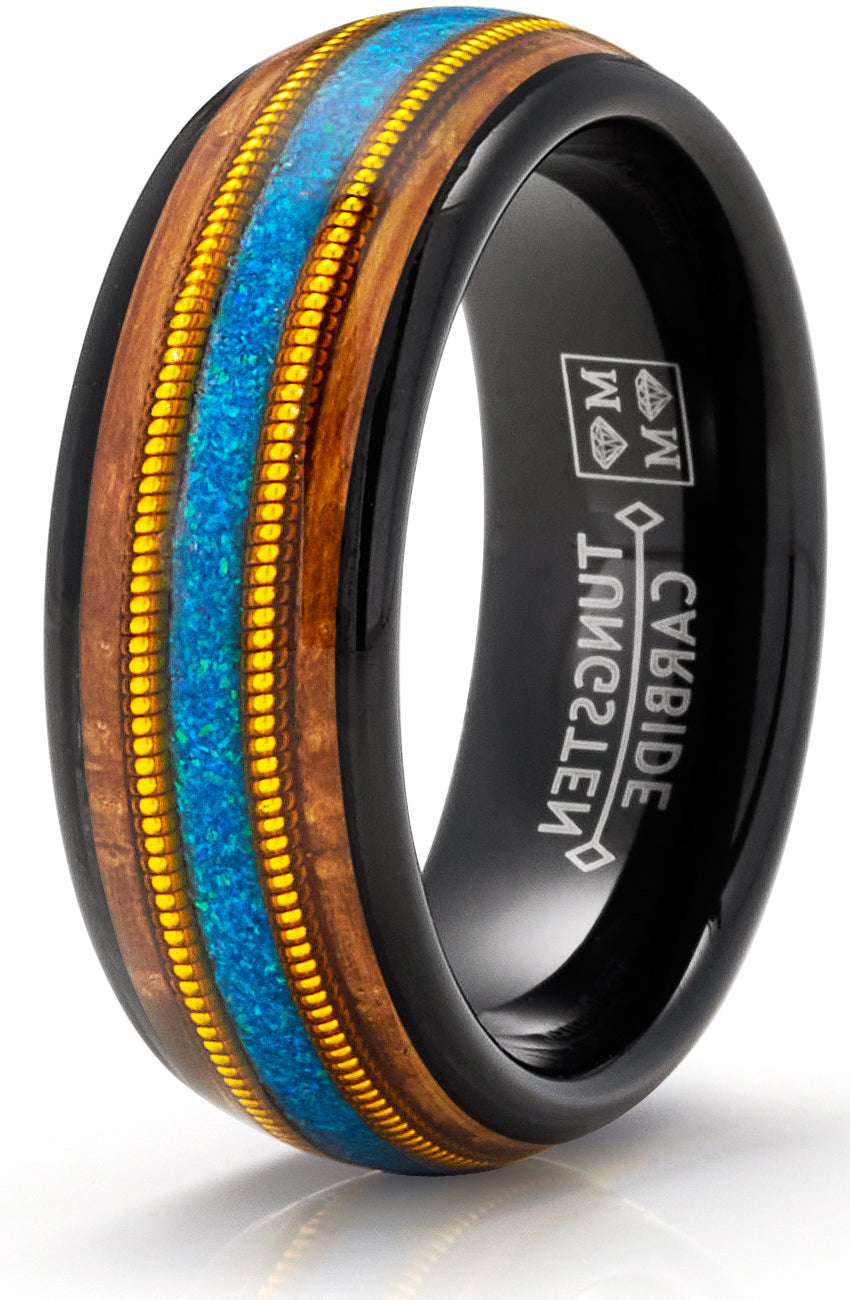 Men's Black Tungsten Ring Wedding Band Whiskey Barrel Crushed Opal Gold Guitar String Inlaid 8MM Comfort-Fit