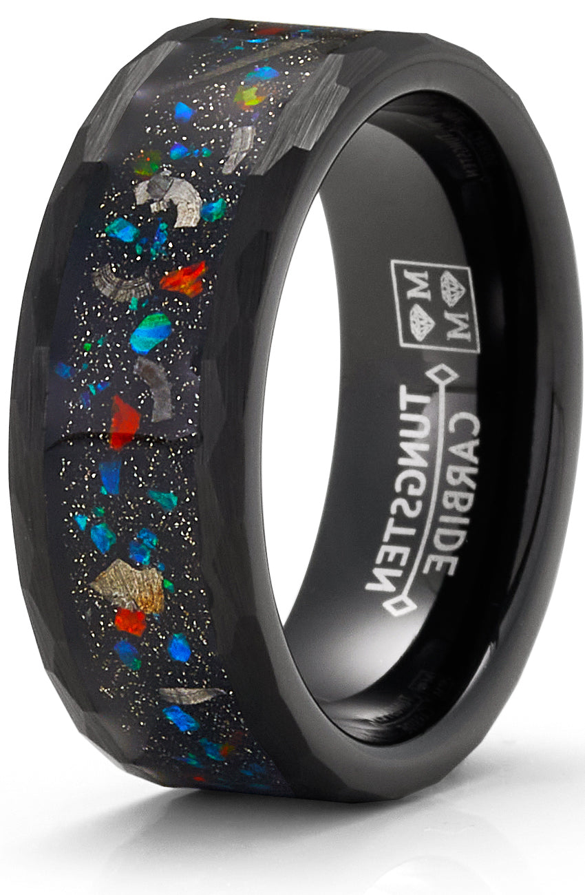 Men's Black Tungsten Ring Wedding Band Black Cluster of Stars Meteorite Inlay 8MM Comfort-Fit