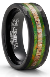 Men's Black Tungsten Ring Wedding Band Black Mossy Wood Antler Hunting Ring 8MM Comfort-Fit