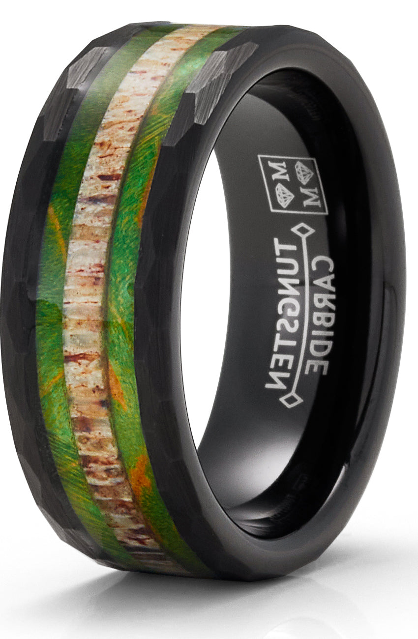 Men's Black Tungsten Ring Wedding Band Black Mossy Wood Antler Hunting Ring 8MM Comfort-Fit
