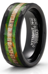Men's Black Tungsten Ring Wedding Band Black Mossy Wood Antler Hunting Ring 8MM Comfort-Fit