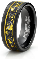 Men's Black Tungsten Ring Wedding Band Gold Flakes Meteorite Shavings Hammered 8MM Comfort-Fit