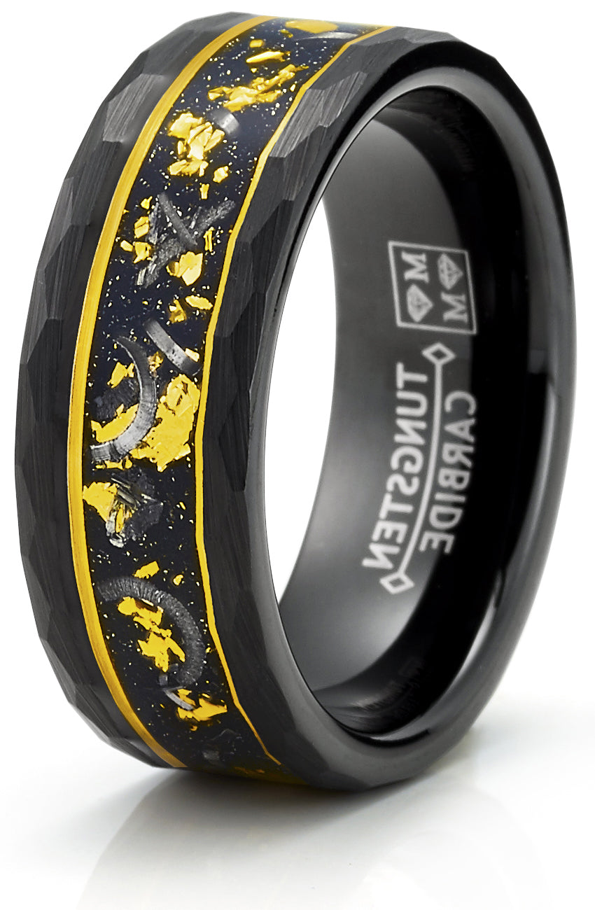 Men's Black Tungsten Ring Wedding Band Gold Flakes Meteorite Shavings Hammered 8MM Comfort-Fit
