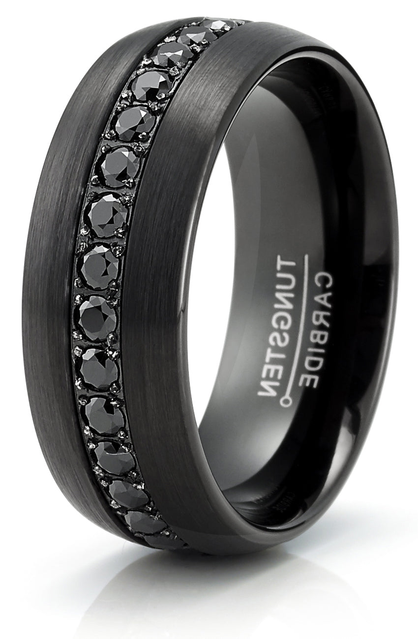 Men's Black Tungsten Ring Wedding Band Black Round 1.7Ct SImulated DIamond CZ Cubic Zirconia 8MM Comfort-Fit