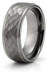 Men's Black Tungsten Ring Wedding Band Gunmetal Hammered 8MM Comfort-Fit