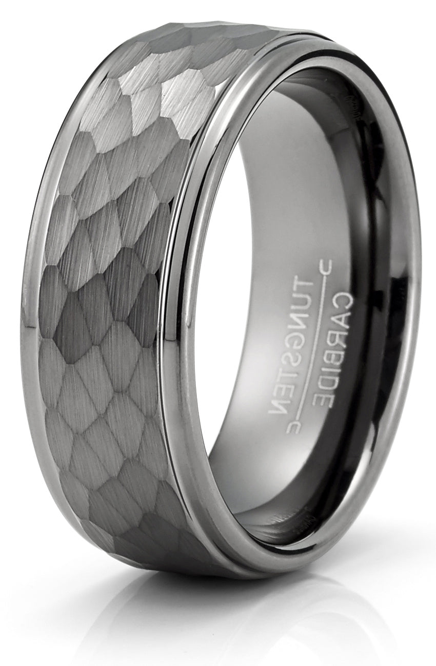 Men's Black Tungsten Ring Wedding Band Gunmetal Hammered 8MM Comfort-Fit