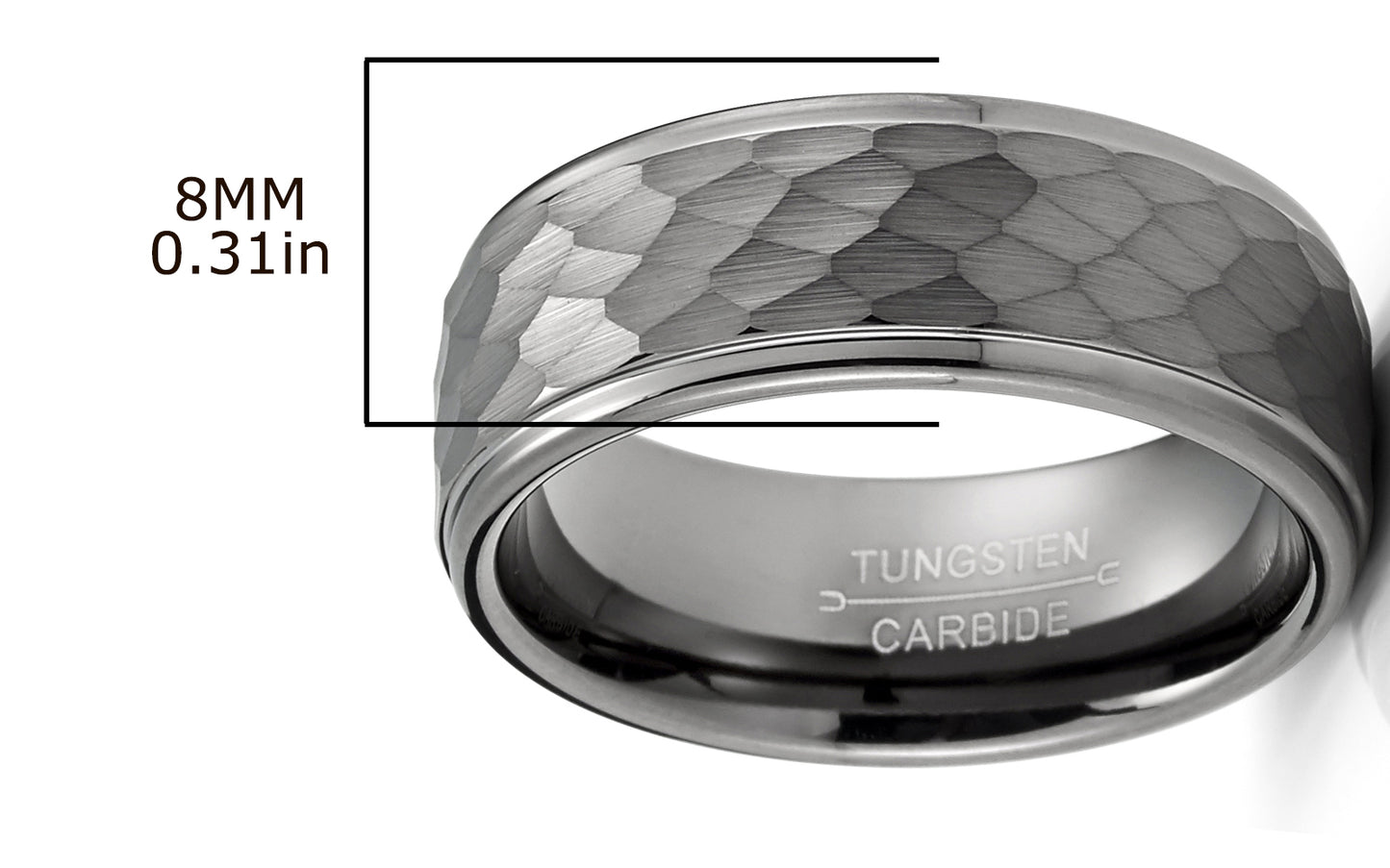 Men's Black Tungsten Ring Wedding Band Gunmetal Hammered 8MM Comfort-Fit