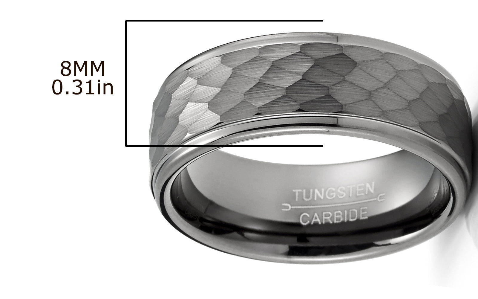 Men's Black Tungsten Ring Wedding Band Gunmetal Hammered 8MM Comfort-Fit