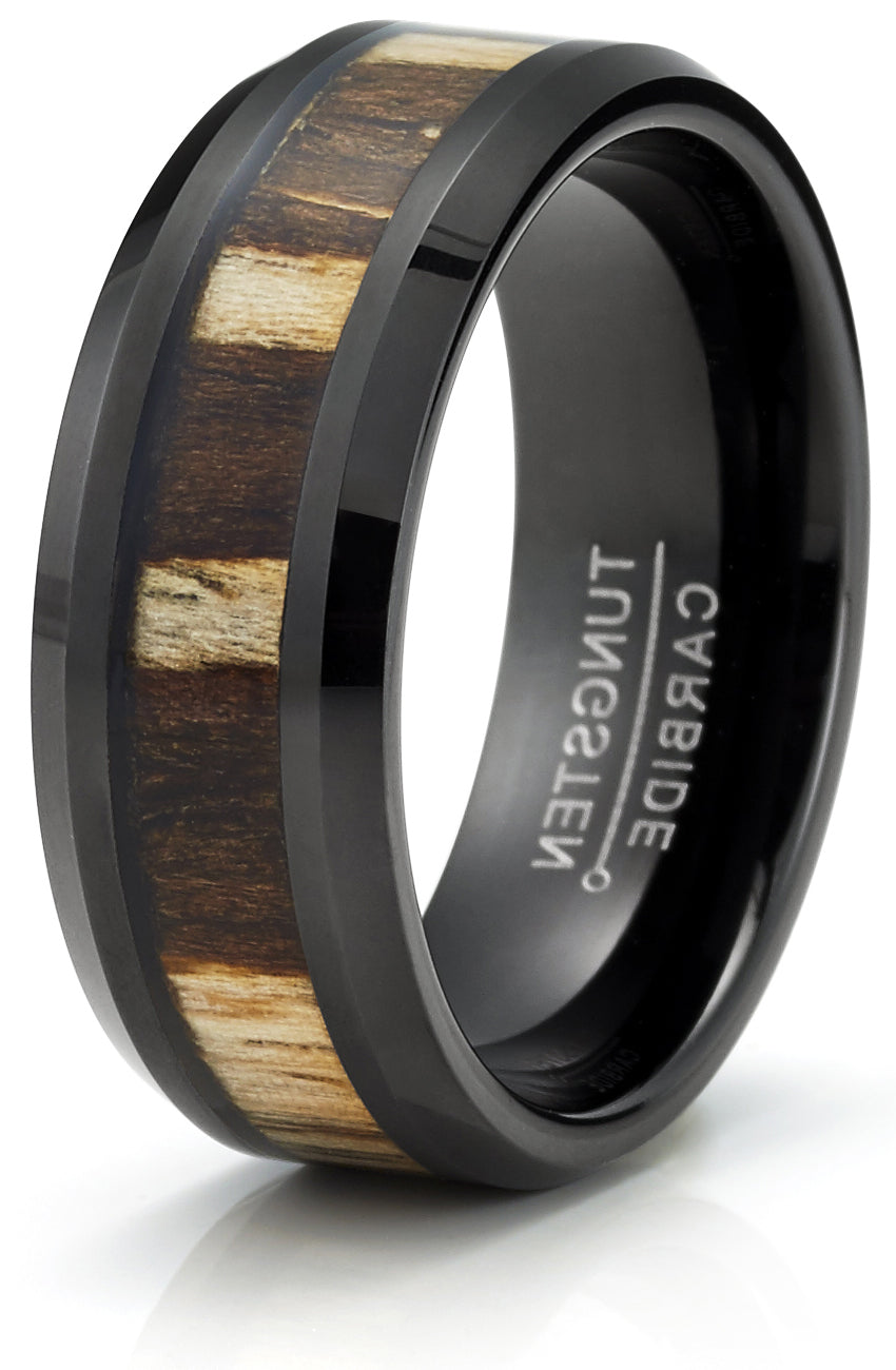 Men's Black Tungsten Ring Wedding Band Zebra Wood Inlay 8MM Comfort-Fit