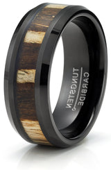 Men's Black Tungsten Ring Wedding Band Zebra Wood Inlay 8MM Comfort-Fit