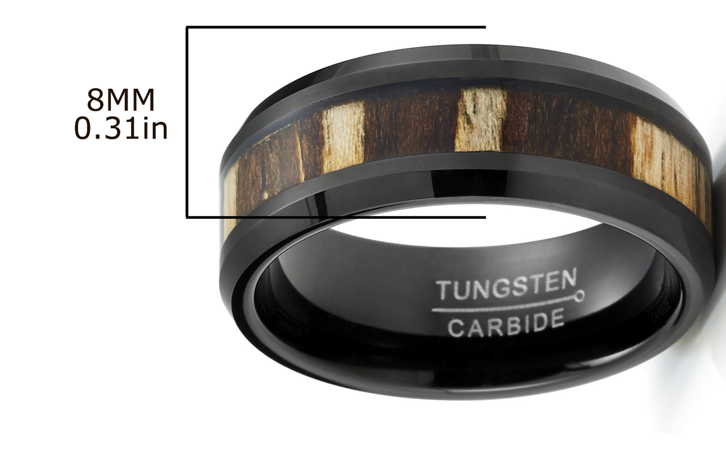 Men's Black Tungsten Ring Wedding Band Zebra Wood Inlay 8MM Comfort-Fit