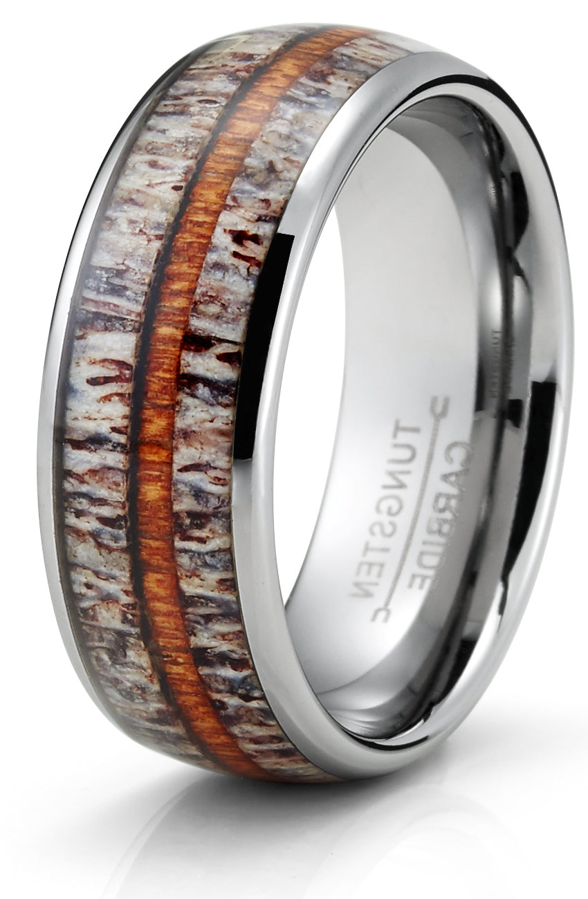 Men's Black Tungsten Ring Wedding Band Deer Antler Whiskey Barrel Wood 8MM Comfort-Fit