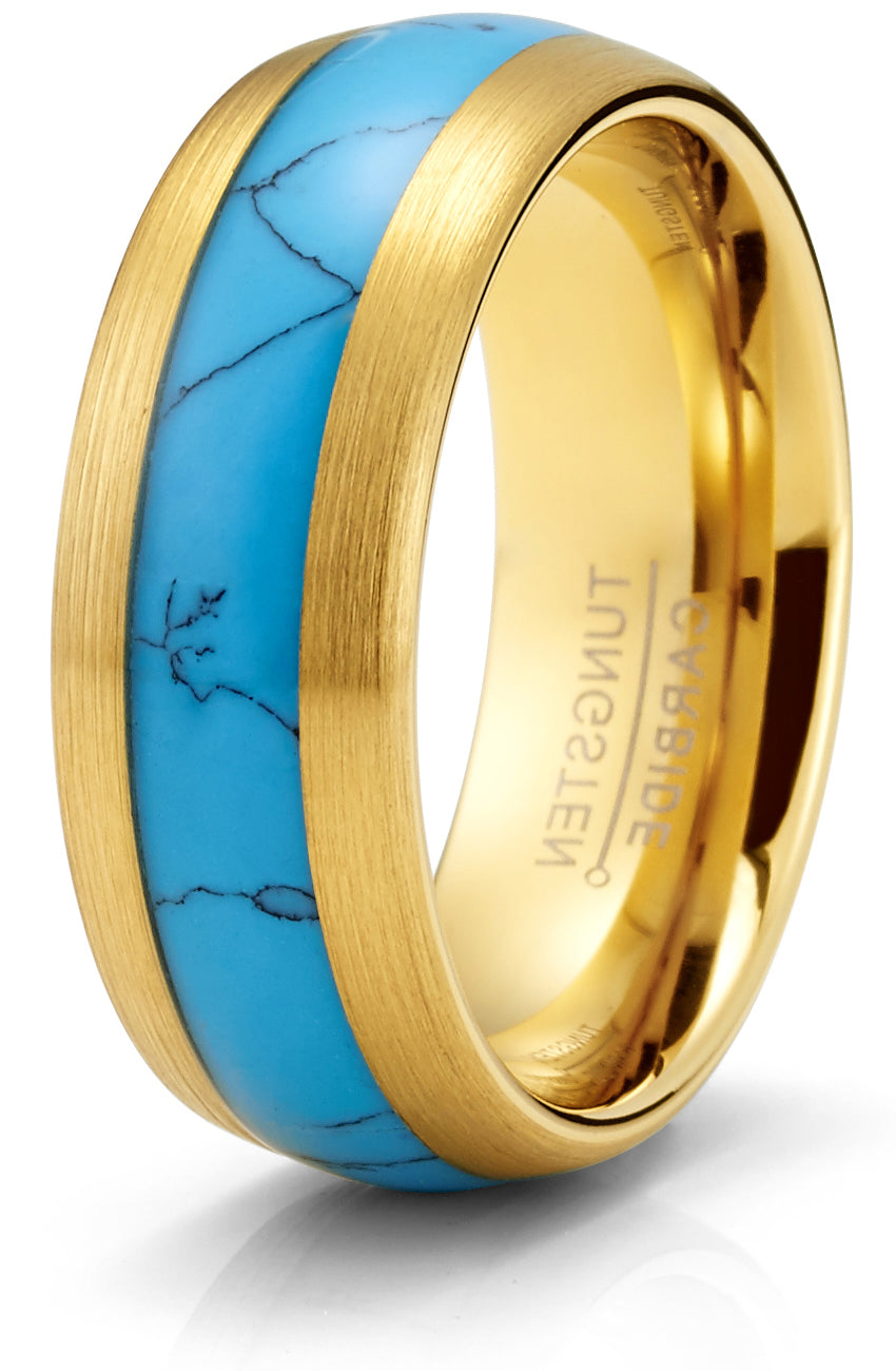 Men's Black Tungsten Ring Wedding Band Goldtone Real Blue Turquoise Inlay Dome 8MM Comfort-Fit
