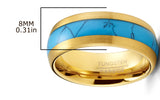 Men's Black Tungsten Ring Wedding Band Goldtone Real Blue Turquoise Inlay Dome 8MM Comfort-Fit