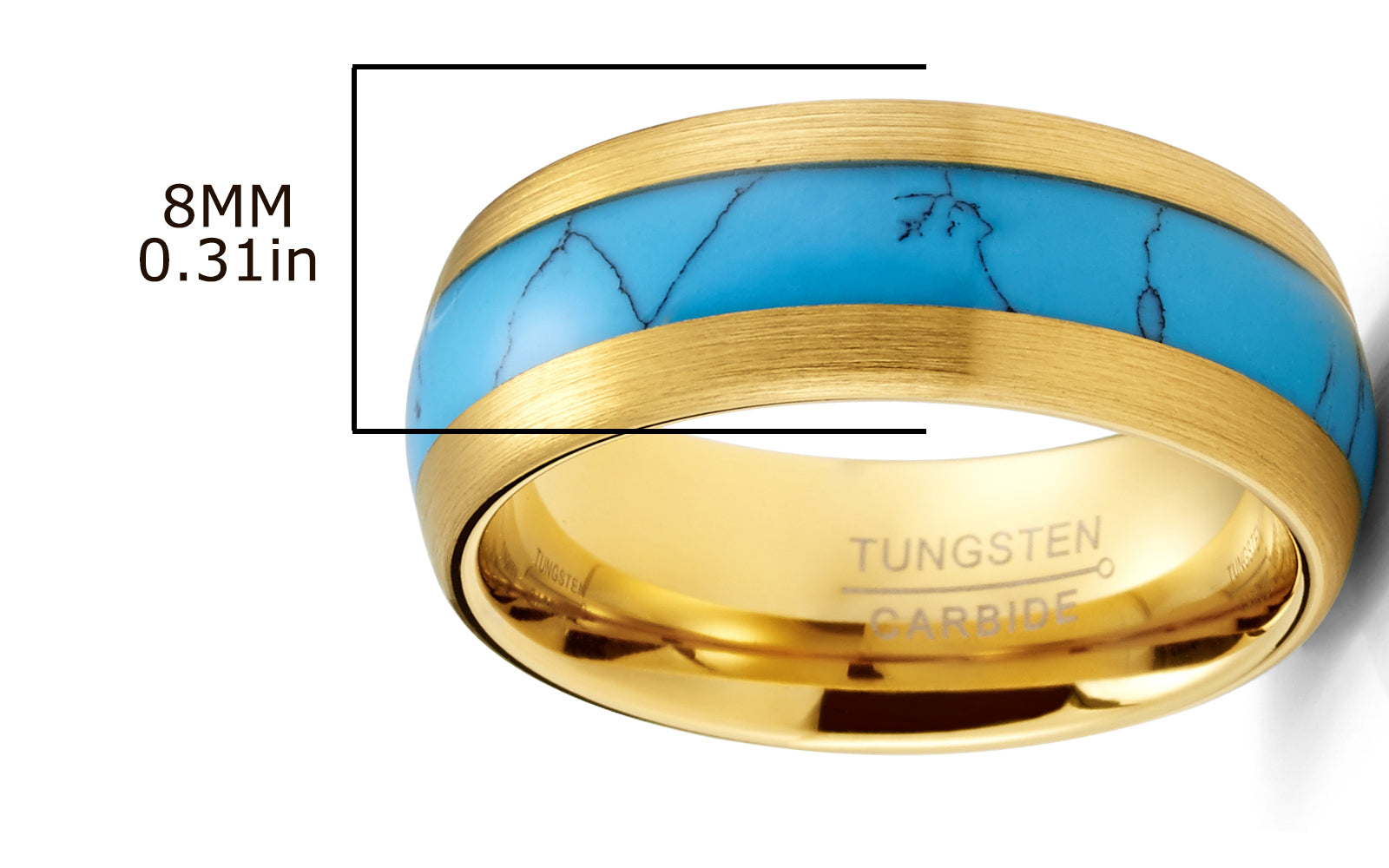 Men's Black Tungsten Ring Wedding Band Goldtone Real Blue Turquoise Inlay Dome 8MM Comfort-Fit