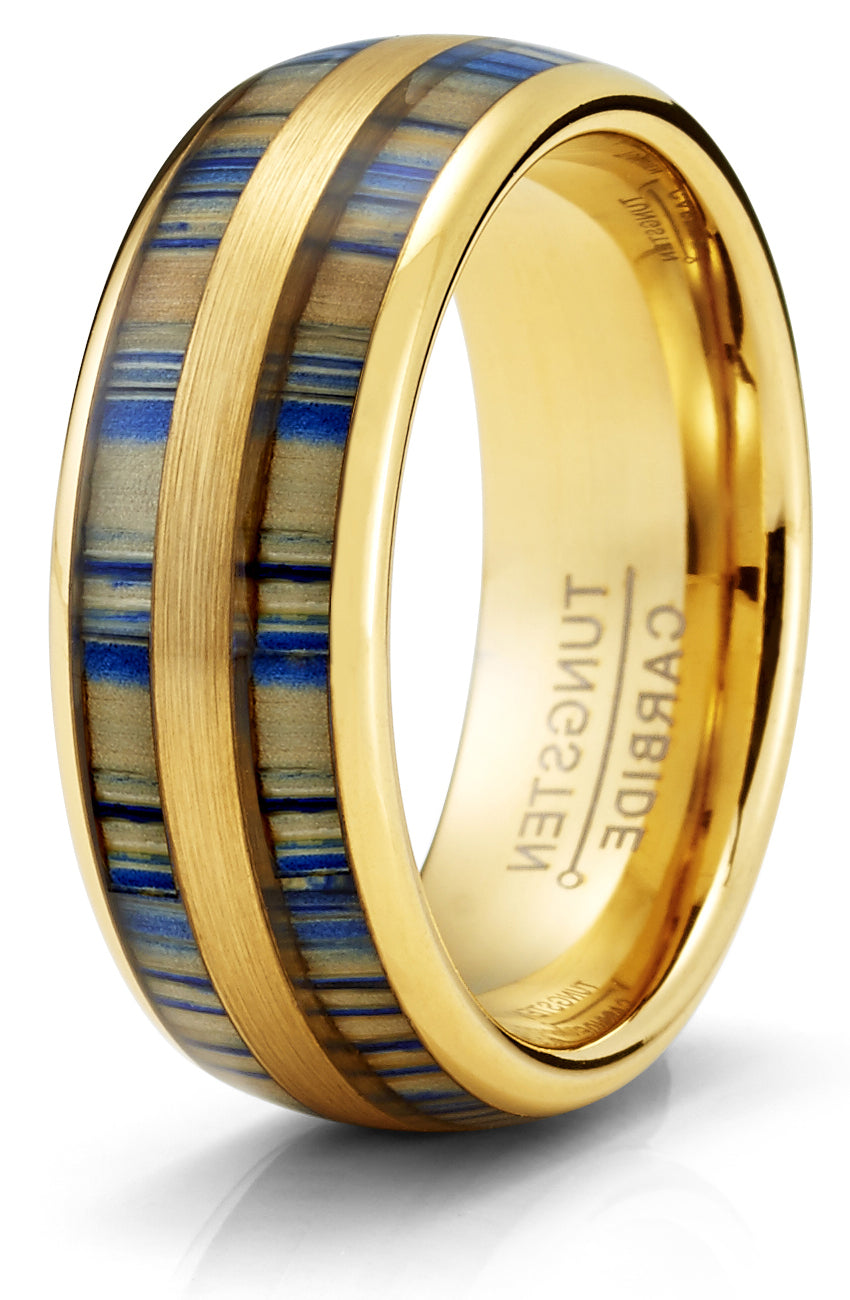 Men's Black Tungsten Ring Wedding Band Goldtone Blue Zebra Bamboo Wood Inlay 8MM Comfort-Fit