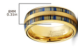 Men's Black Tungsten Ring Wedding Band Goldtone Blue Zebra Bamboo Wood Inlay 8MM Comfort-Fit