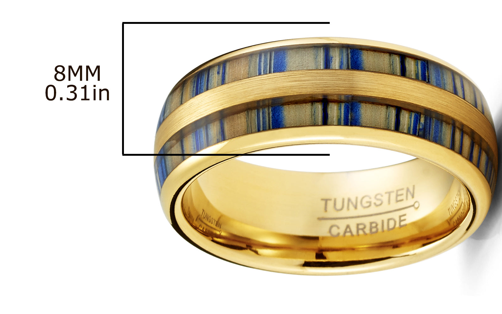 Men's Black Tungsten Ring Wedding Band Goldtone Blue Zebra Bamboo Wood Inlay 8MM Comfort-Fit