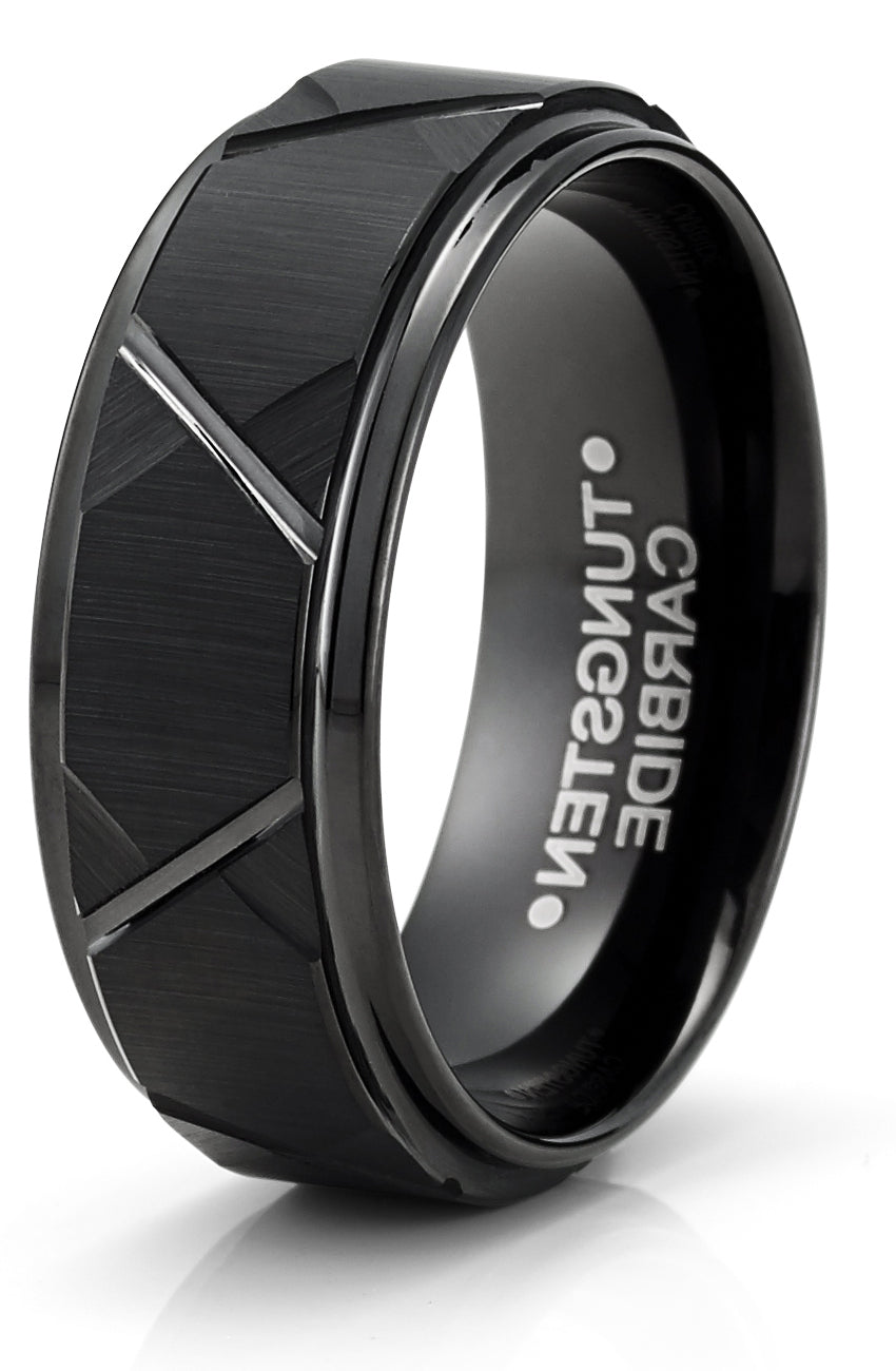 Men's Black Tungsten Ring Wedding Band Black Multi-Faceted 8MM Comfort-Fit