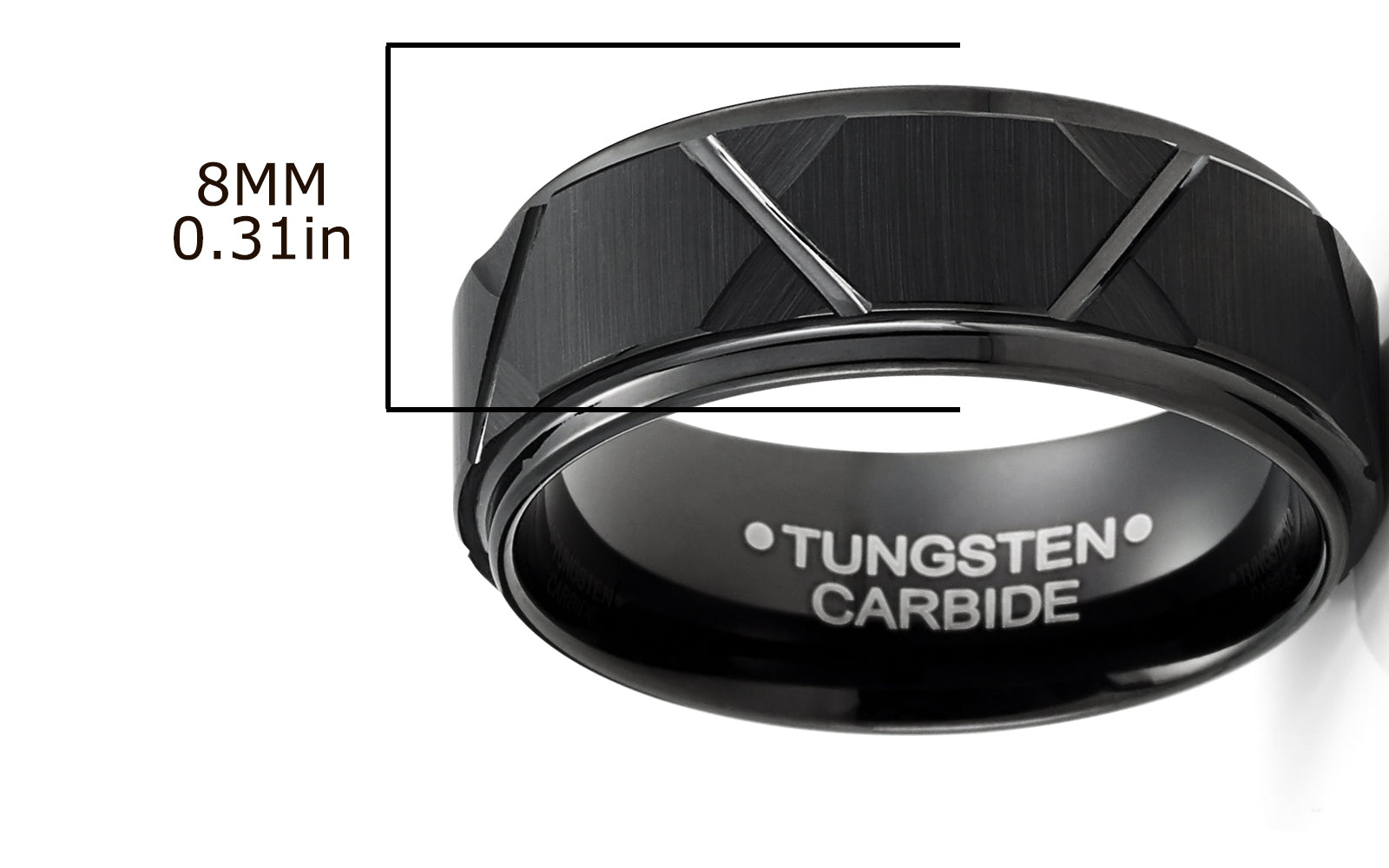 Men's Black Tungsten Ring Wedding Band Black Multi-Faceted 8MM Comfort-Fit