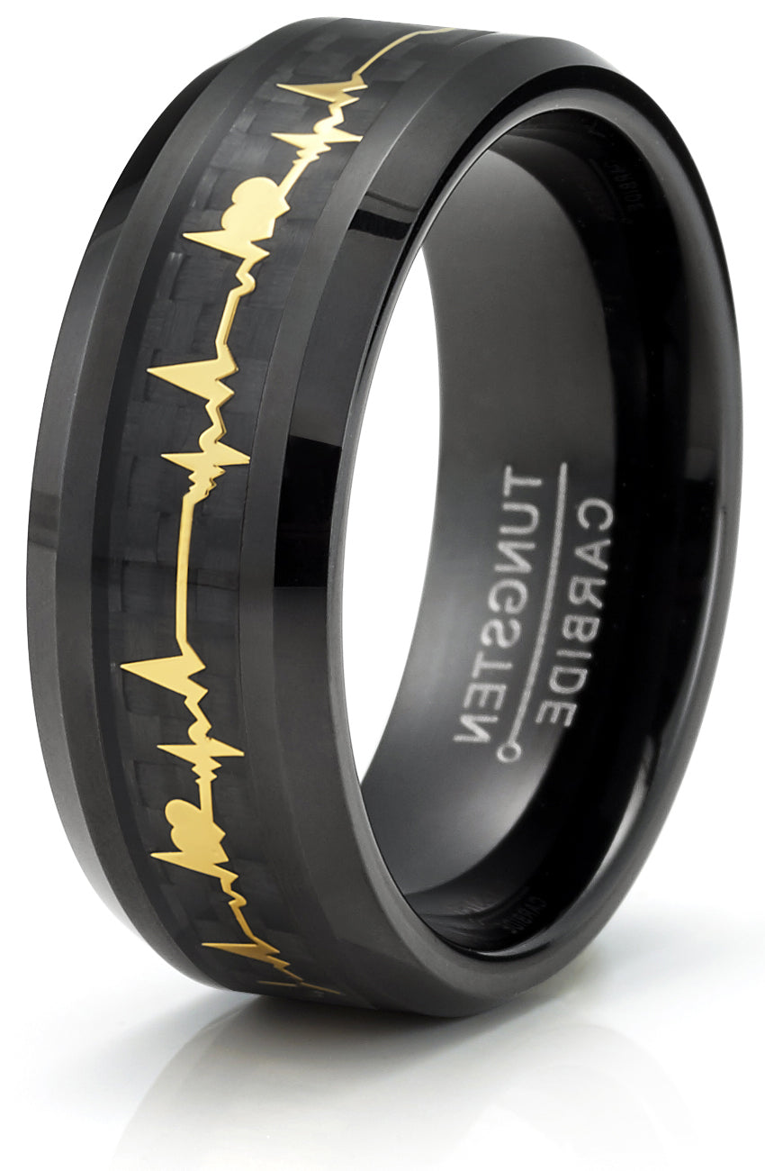 Men's Black Tungsten Ring Wedding Band Black Gold-Tone Heart Beat Carbon Fiber Inlay 8MM Comfort-Fit