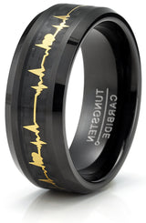 Men's Black Tungsten Ring Wedding Band Black Gold-Tone Heart Beat Carbon Fiber Inlay 8MM Comfort-Fit