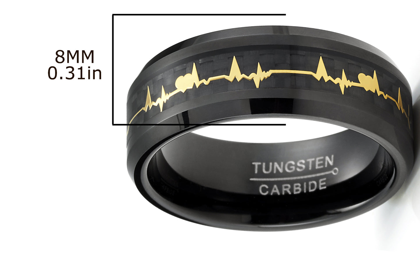 Men's Black Tungsten Ring Wedding Band Black Gold-Tone Heart Beat Carbon Fiber Inlay 8MM Comfort-Fit
