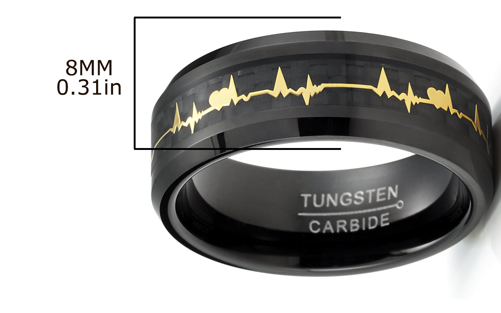 Men's Black Tungsten Ring Wedding Band Black Gold-Tone Heart Beat Carbon Fiber Inlay 8MM Comfort-Fit