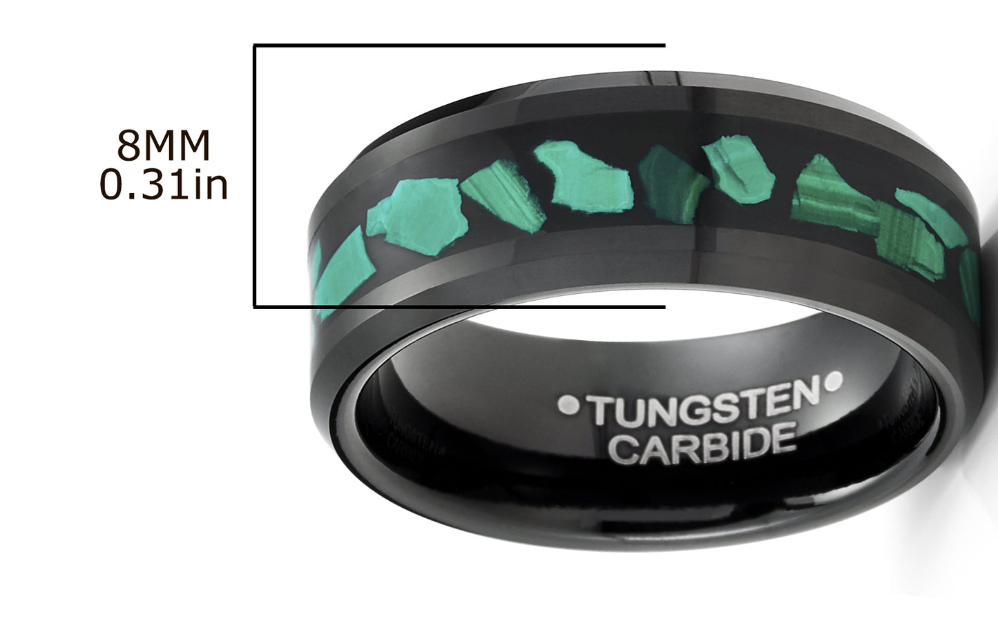 Men's Black Tungsten Ring Wedding Band Green Malachite Inlay 8MM Comfort-Fit