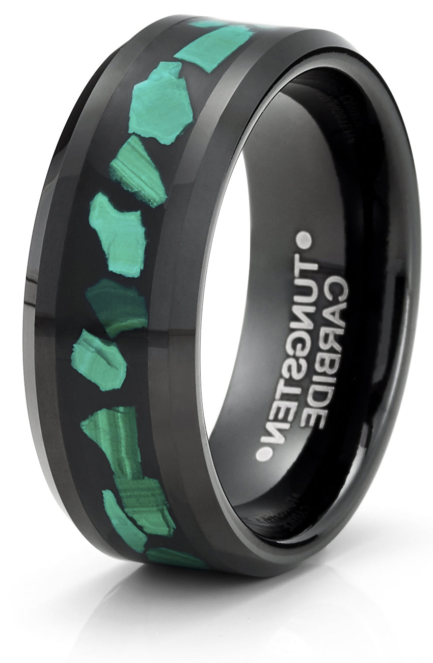Men's Black Tungsten Ring Wedding Band Green Malachite Inlay 8MM Comfort-Fit
