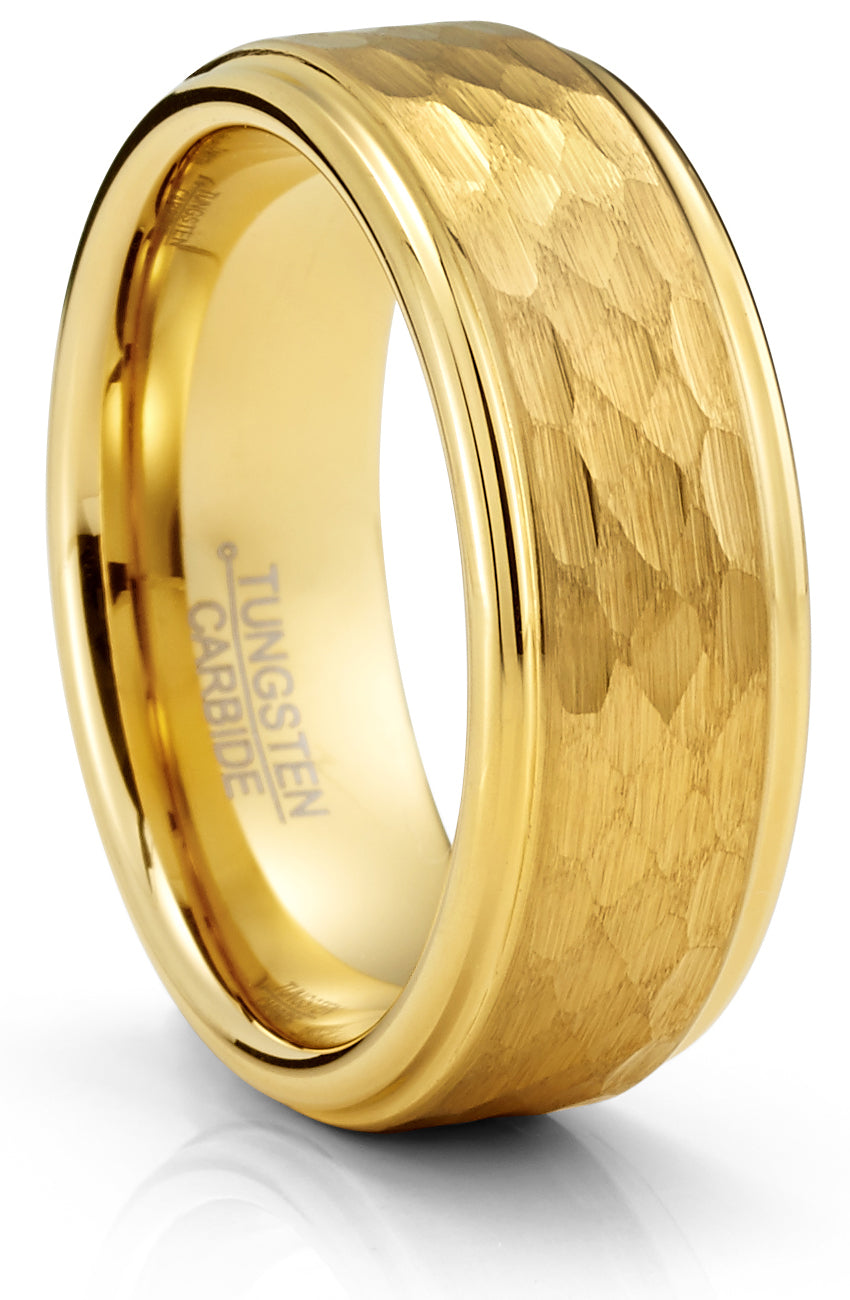 Men's Black Tungsten Ring Wedding Band Goldtone Hammered Center 8MM Comfort-Fit
