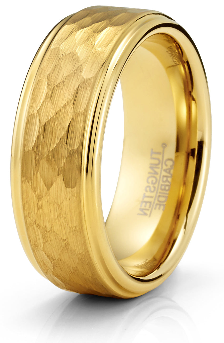 Men's Black Tungsten Ring Wedding Band Goldtone Hammered Center 8MM Comfort-Fit