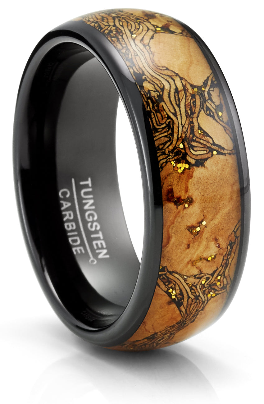 Men's Black Tungsten Ring Wedding Band Cork & Goldtone Glitter Black 8MM Comfort-Fit