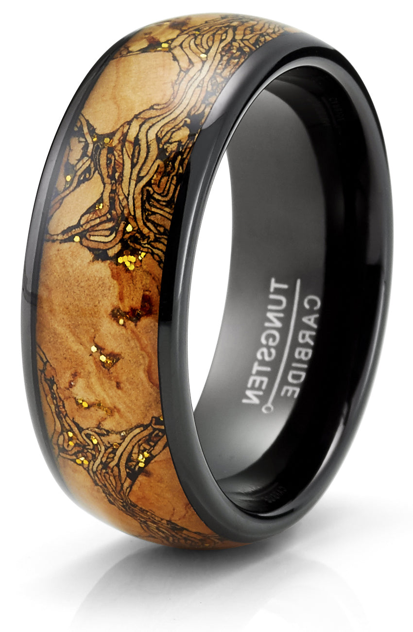 Men's Black Tungsten Ring Wedding Band Cork & Goldtone Glitter Black 8MM Comfort-Fit