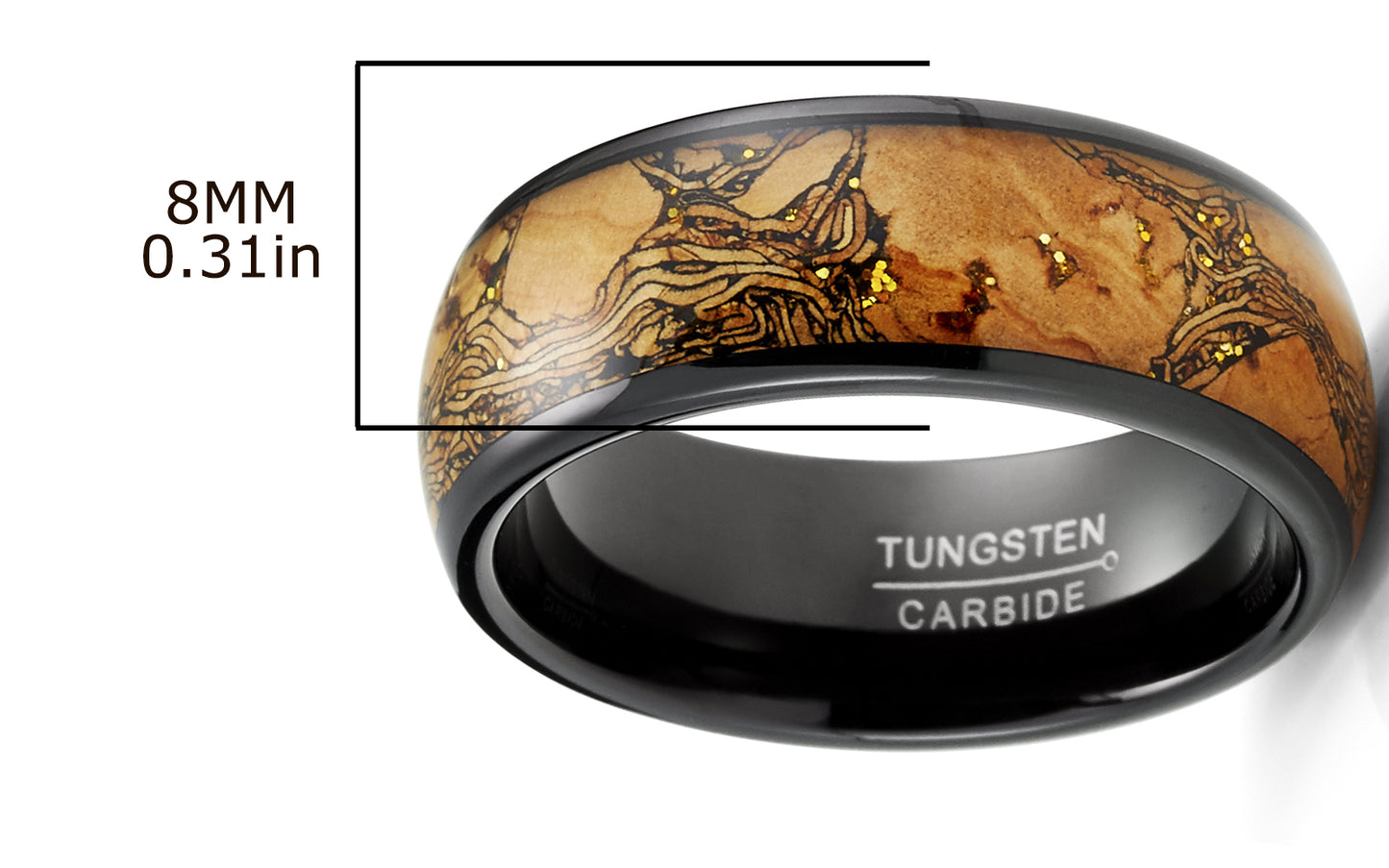 Men's Black Tungsten Ring Wedding Band Cork & Goldtone Glitter Black 8MM Comfort-Fit