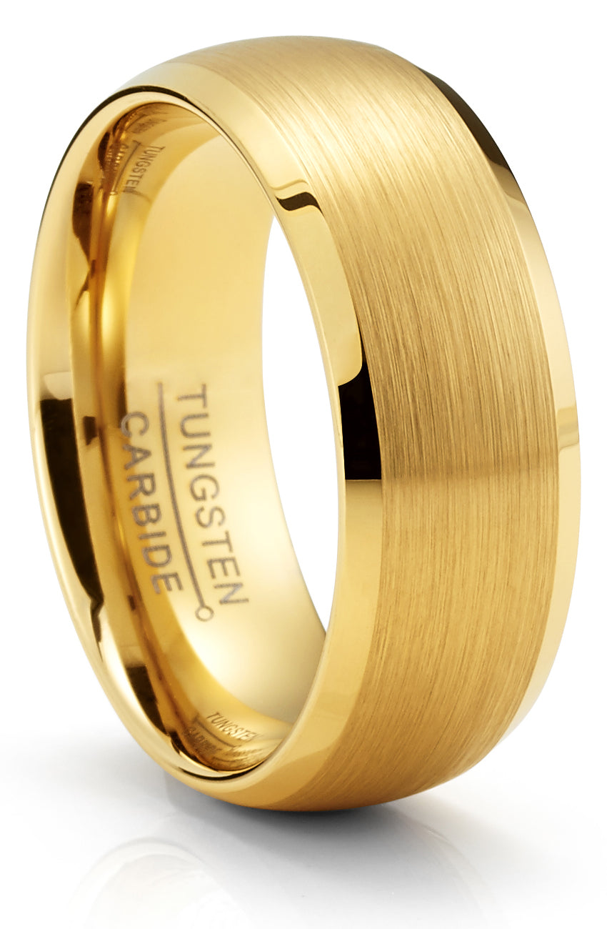 Men's Black Tungsten Ring Wedding Band Goldtone Dome Brushed Center 8MM Comfort-Fit