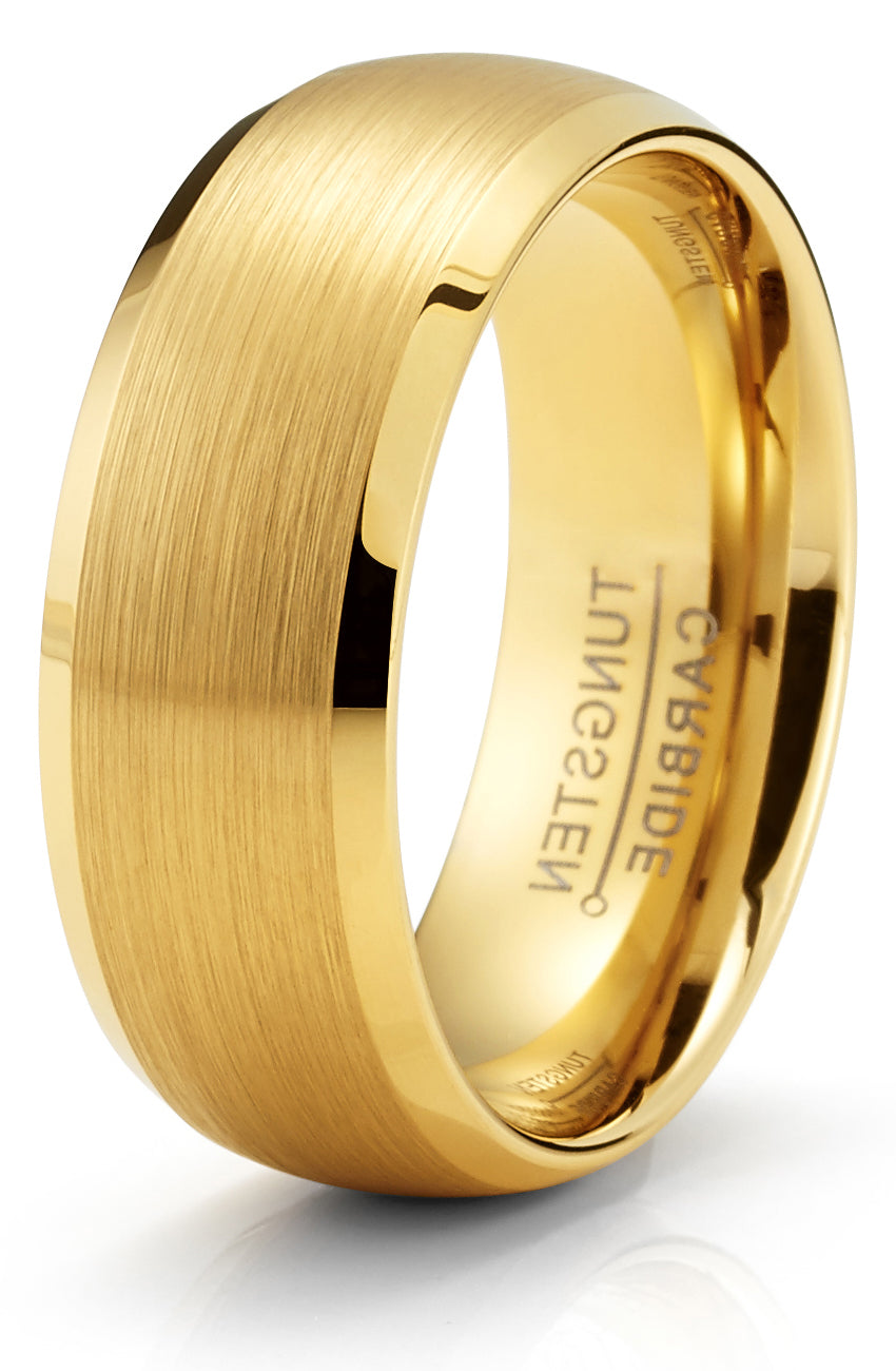 Men's Black Tungsten Ring Wedding Band Goldtone Dome Brushed Center 8MM Comfort-Fit