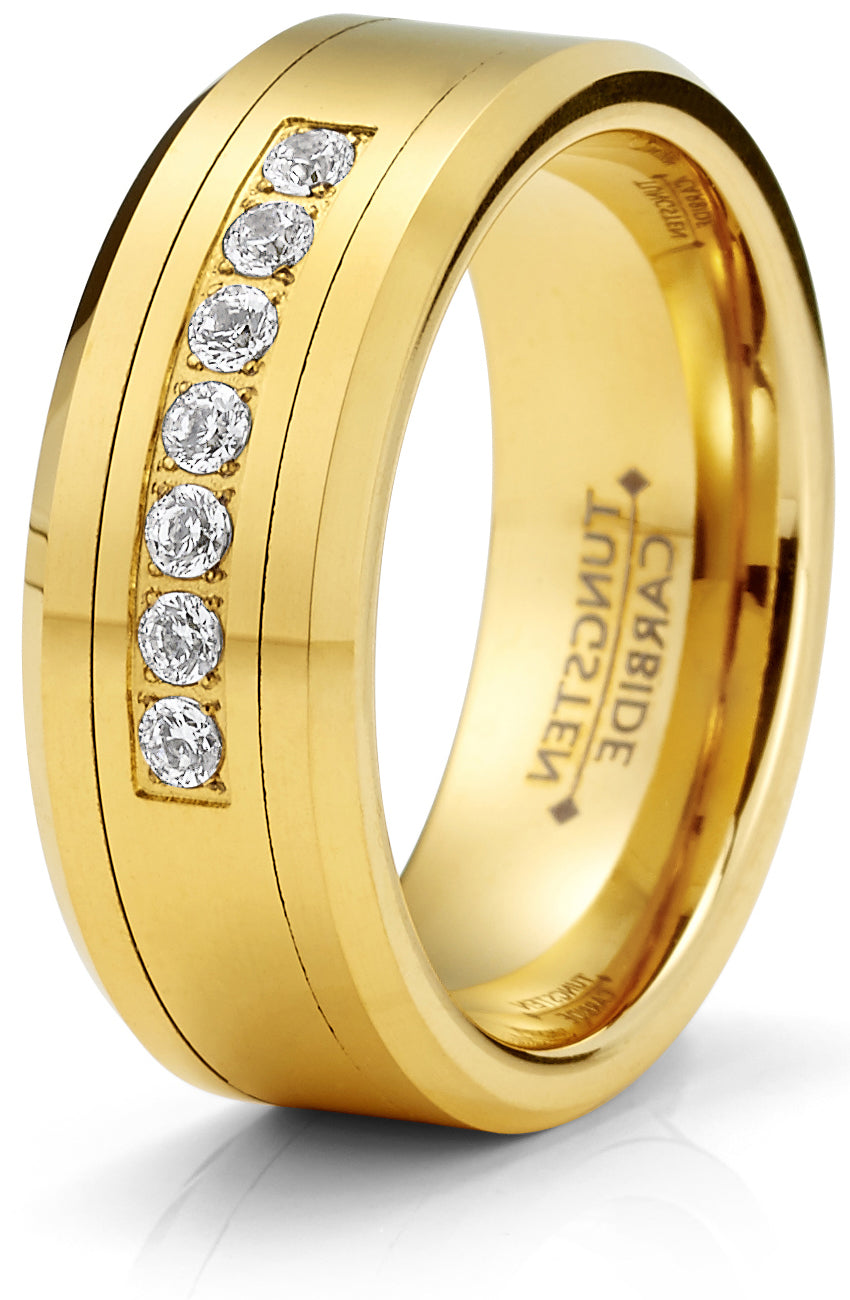 Men's Black Tungsten Ring Wedding Band Goldtone Simulated DIamond CZ Cubic Zirconia 8MM Comfort-Fit