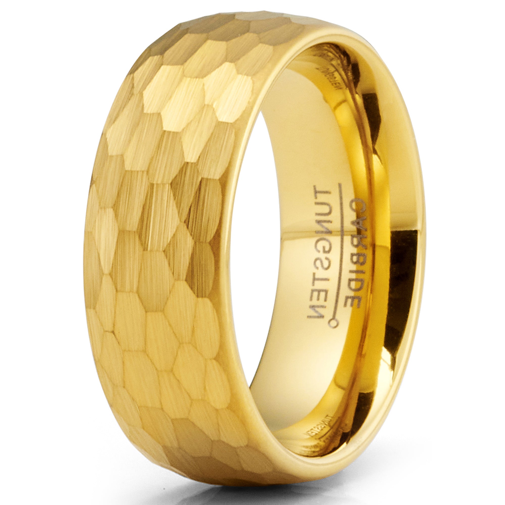 Mens Goldtone Tungsten Wedding Promise Ring Hammered Finish Comfort-Fit 8MM