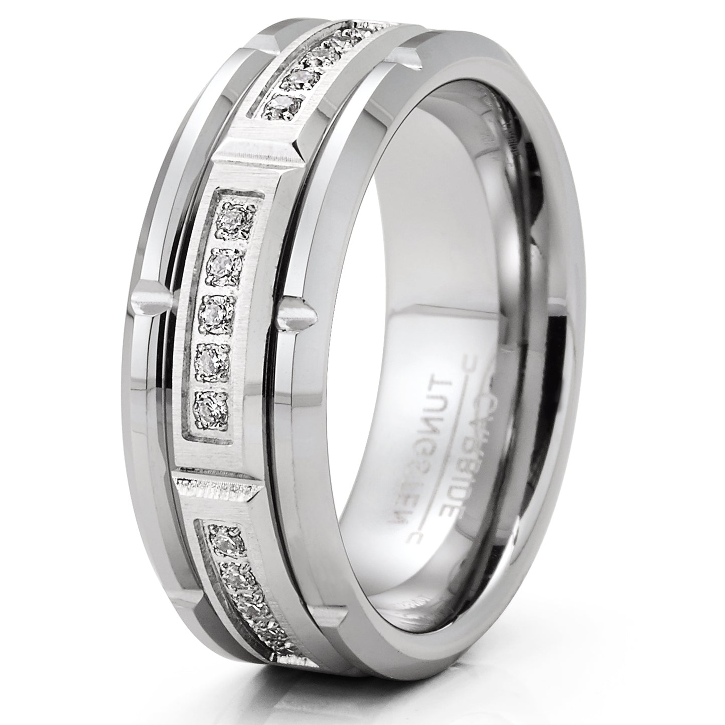 Mens Tungsten Carbide Brick Design Wedding Band Engagement Ring with Cubic Zirconia Comfort-Fit 8MM Silvertone
