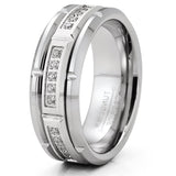 Mens Tungsten Carbide Brick Design Wedding Band Engagement Ring with Cubic Zirconia Comfort-Fit 8MM Silvertone